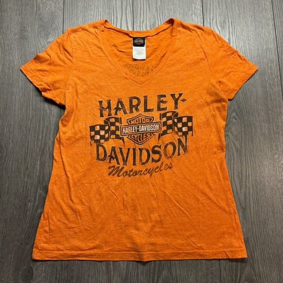 Harley-Davidson Tops - Harley Davidson Indianapolis V-Neck Graphic T-Shirt Orange Womens Small y2k